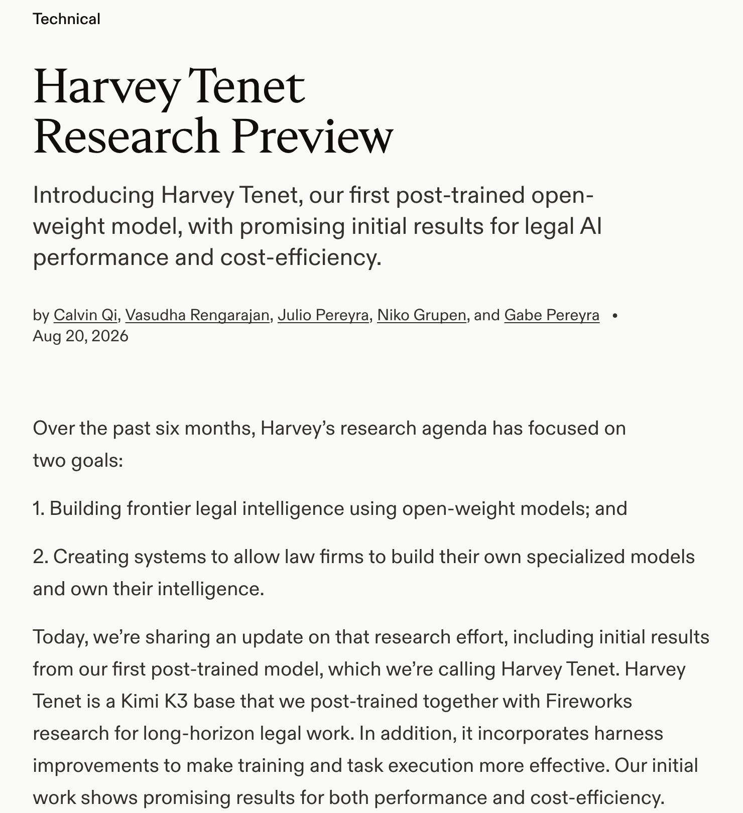 Harvey Tenet Research Preview