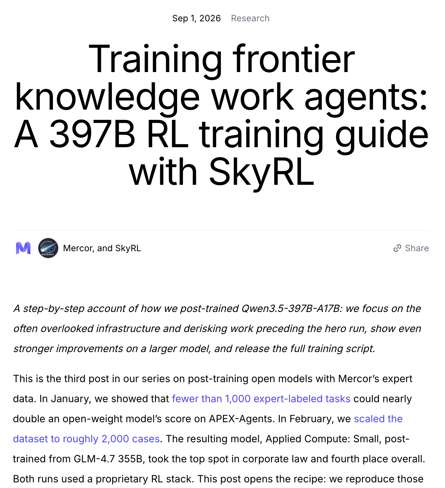 Mercor: Training frontier knowledge work agents